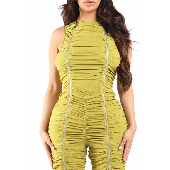 Women Track Zipper AllOver Ruched Jumpsuit Ruffle Dress Bodycon One Piece Romper - Picture 6 of 9